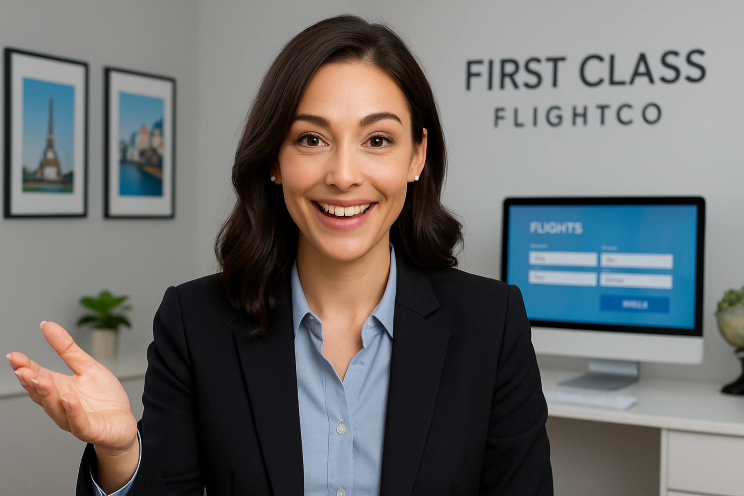 make a pretty woman trying to offer travel booking services and narrating who we are. Make it personal point of view like it is conversing